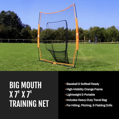 Bownet Original Big Mouth 7’ x 7’ Baseball Softball Hitting Net – Portable Pitching & Batting Practice Net, Heavy Duty Steel Frame, Fast 60-Second Setup, Carry Bag