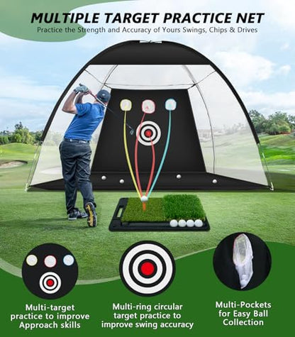 Golf Net: 10x7ft Golf Hitting Practice Net for Indoor & Outdoor Use with Heavy-Duty Base Dual-Turf Mat, Chipping Swing Training Mult-Target Nets for Backyard Driving, Gifts for Men Dad Husband Golfers