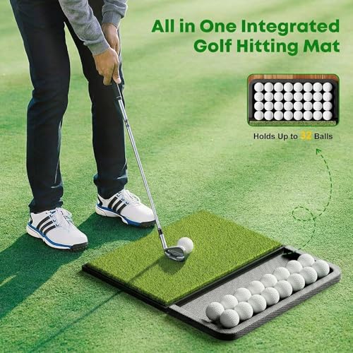 Integrated Golf Mat with Ball Tray, Small Thickening Golf Mats Practice Outdoor & Indoor, Artificial Grass with Anti-Slip Rubber Bottom Mat for Driving, Chipping Swing