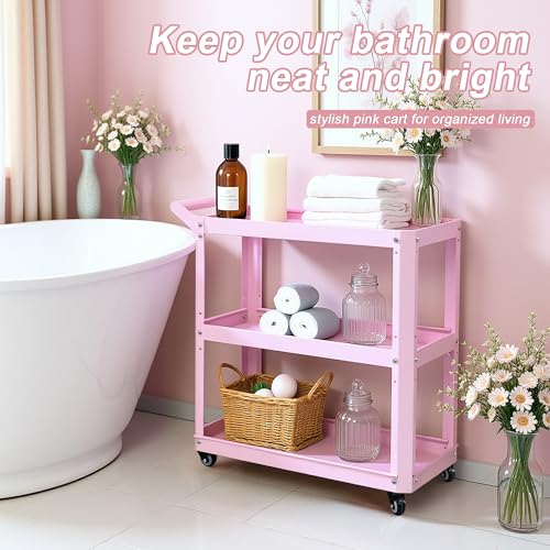 3 Tier Metal Utility Rolling Cart with Wheels, Heavy Duty Storage Organizer Trolley Cart for Kitchen, Bathroom, Office, Bedroom – Multi-Purpose 330Lbs Capacity Utility Cart on Wheels, Pink - color: Pink