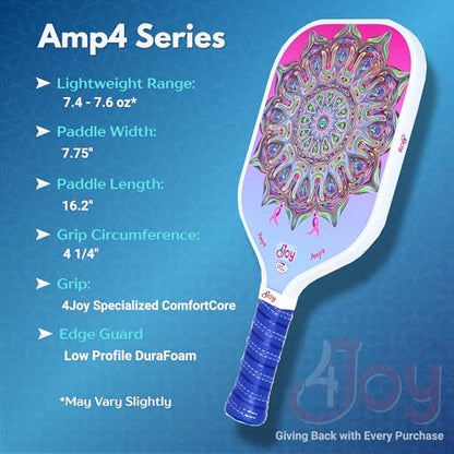 4Joy AMP4 Pickleball Paddle – T700 Carbon Fiber, Lightweight 7.5 oz, Wide Face for Control, 14mm Core, Beginner to Low-Intermediate - USAP Approved - style: DinkforPink
