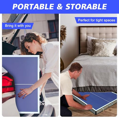 5FT Portable Ping Pong Table, Indoor Outdoor Mid Size Foldable Table Tennis Table, Table Tennis for Rec Room w/ 2 Paddles, 3 Balls, Game Net and Adjustable Feet, Sturdy Iron Frame
