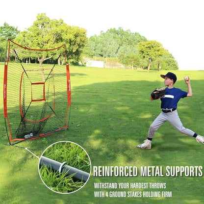 BaseGoal 7'×7' Baseball Softball Practice Net,Baseball Backstop,for Hitting Pitching Batting Catching with Bow Frame,Bonus Strike Zone - style: Red