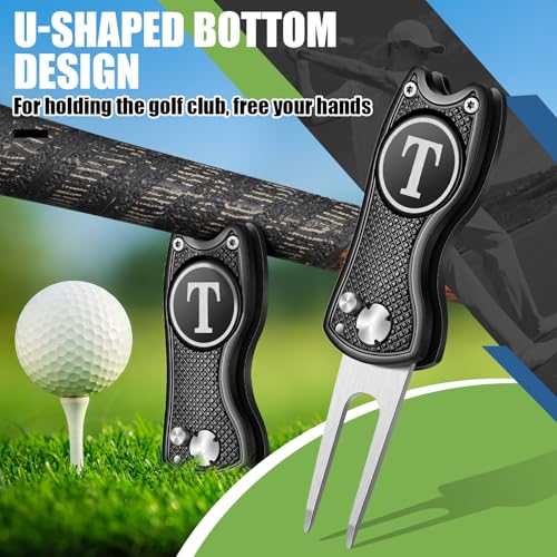 Golf Divot Repair Tool with Letter Custom Monogrammed Initial Ball Marker Divot Tool New Year Golf Gifts Foldable Metal with Magnetic Putt Alignment for Men Father Golfer - color: Black, style: Letter T
