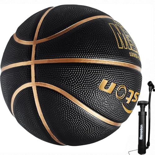 Senston 27.5''/29.5'' Outdoor Basketball Excellent Elasticity/Grip Rubber Basketballs with Pump, Durable Size 5/7 Men Basketball - color: Black/Gold, size: 29.5''(size 7)
