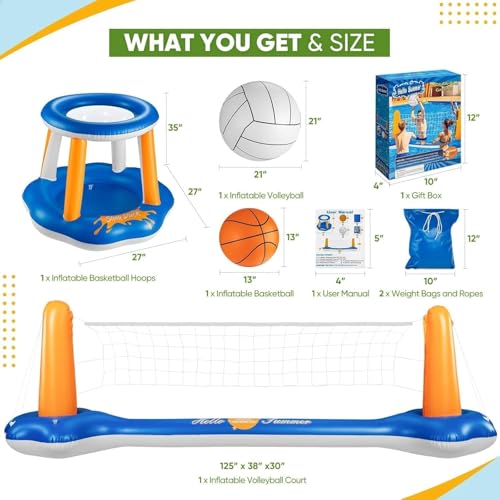 Pool Volleyball Set & Basketball Hoop - 125" Larger Pool Volleyball Net for Inground Includes 2 Balls & 2 Weight Bags, Pool Toys Game for Adults - Volleyball Court (125"x38"x30") - size: 125" Volleyball & Basketball Set