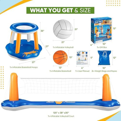 Pool Volleyball Set & Basketball Hoop - 125" Larger Pool Volleyball Net for Inground Includes 2 Balls & 2 Weight Bags, Pool Toys Game for Adults - Volleyball Court (125"x38"x30") - size: 125" Volleyball & Basketball Set