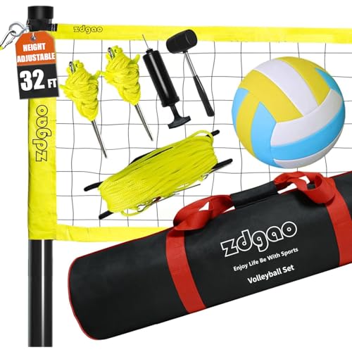 Outdoor Portable Volleyball Net System - Adjustable Height Poles with Soft Volleyball Ball, Pump, Hammer, Boundary Line, and Carry Bag for Backyard, Beach, Lawn - color: 32FT Fluorescent Green