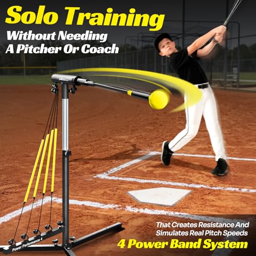 Baseball Hitting Trainer with 4 Power Bands,Auto Reset Softball Swing Trainer For Batting,Hitting Practice,Height Adjustable 31-47 inch Baseball Training Equipment With Metal Stakes & Carry Bag