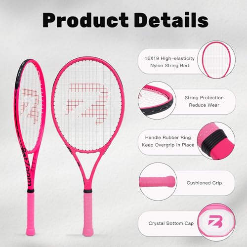 BatZoom Tennis Racket for Beginners & Adults - Lightweight Graphite Racquet with Comfortable Grip | Shock Reduction Technology | Includes Carrying Bag(Color Options) - color: Neon Pink