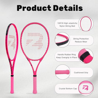 BatZoom Tennis Racket for Beginners & Adults - Lightweight Graphite Racquet with Comfortable Grip | Shock Reduction Technology | Includes Carrying Bag(Color Options) - color: Neon Pink