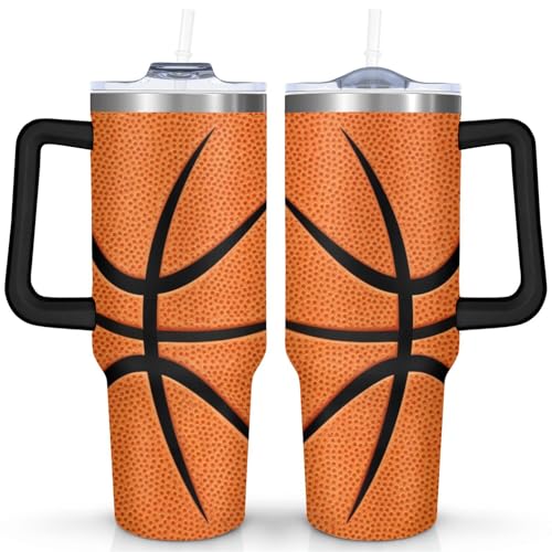 Ceovfoi 40 oz Sports Coffee Mug Cup, Vacuum Insulated Travel Tumbler with Handle, Lid and Straw, Basketball Coach Gifts, Sports Accessories for Men Women - color: Basketball 3