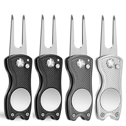 Mile High Life Golf Divot Repair Tool, All Metal Foldable Divot Tool with Pop-up Button & Magnetic Ball Marker, 2-6 Pack - color: 4 Pack (Black*2/Silver/Gray )