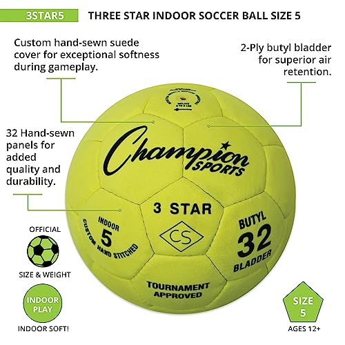 Champion Sports 3 Star Indoor Official Size 5 Soccer Ball with Custom Suede Cover