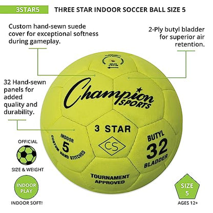 Champion Sports 3 Star Indoor Official Size 5 Soccer Ball with Custom Suede Cover