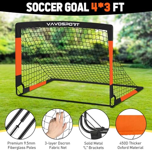 VAVOSPORT Kids Soccer Goals for Backyard Set, 2 of 4x3 / 6x4 ft Portable Soccer Goal Nets, Pop Up Mini Toddler Soccer Net Training Equipment & Ball, Cones for Ages 3-14, Outdoor Games Gifts for Kids