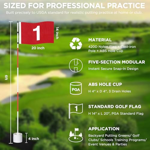 KINGTOP Golf Flagstick 6ft, Portable Five-Section Design for Backyard Practice Putting Green, Driving Range Golf Pin Flag Hole Cup Set, Gift Idea - color: Version2- Red Flag#1, 1-Pack