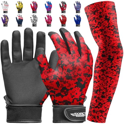 Exxact Sports Youth Batting Gloves with Arm Sleeve for Boys & Girls, Kids Baseball Batting Gloves for Softball, T-Ball - color: RED CAMO, size: Youth Small / Medium