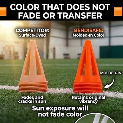 Soccer Training Cones Set of 12 - Flexible Agility Marker Cones for Soccer, Football, Hockey & Basketball Drills - 9” Tall 6” Base - High Visibility Orange Field Marker Cones - Made in USA - BendiSafe