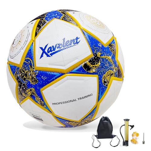 Professional Soccer Ball Size 5, Thermal Bonded Waterproof PU Match-Quality Training Ball with Pump - color: blue gold, size: size 5