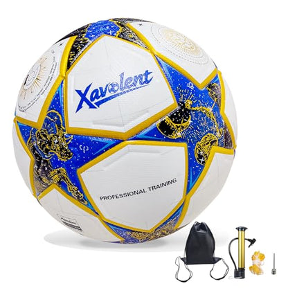 Professional Soccer Ball Size 5, Thermal Bonded Waterproof PU Match-Quality Training Ball with Pump - color: blue gold, size: size 5