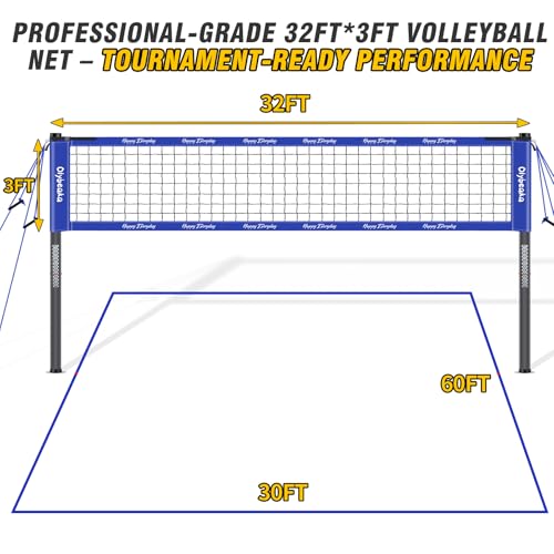 32ft Outdoor Portable Volleyball Net Set for Backyard Beach with Adjustable Heavy Duty Poles, 28-ply Durable Net, PU Volleyball & Pump, Carry Bag (Blue, 32ft)