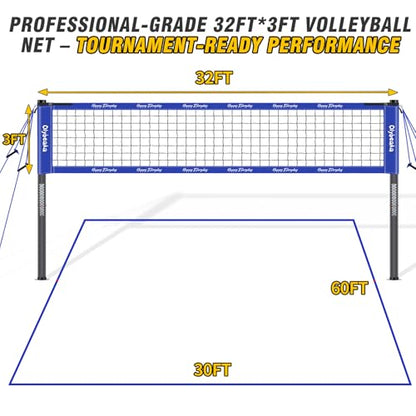 32ft Outdoor Portable Volleyball Net Set for Backyard Beach with Adjustable Heavy Duty Poles, 28-ply Durable Net, PU Volleyball & Pump, Carry Bag (Blue, 32ft)