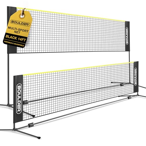 Boulder Portable Badminton Pickleball Net - Foldable/Extendable Poles for Multiple Sports Heights (UP to 5 ft) - Ideal for Tennis, Pickleball, Soccer Tennis - Easy Setup - color: 14ft Black