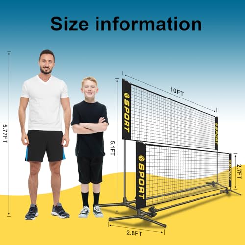 10 FT Mini Portable Tennis Net for Teenagers with Rubber Volleyball, with Pump and Carry Bag, Adjustable Height 2.7FT-5.1FT for Badminton Net, Volleyball Net,Soccer Net,Pickleball Net