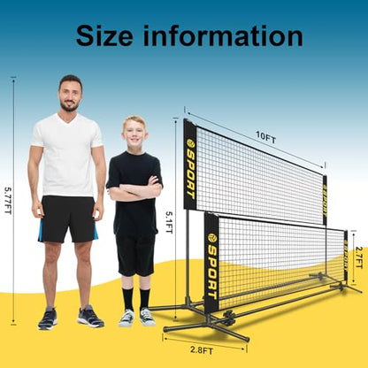 10 FT Mini Portable Tennis Net for Teenagers with Rubber Volleyball, with Pump and Carry Bag, Adjustable Height 2.7FT-5.1FT for Badminton Net, Volleyball Net,Soccer Net,Pickleball Net