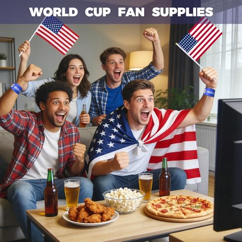 Team USA Cheering Accessories Pack 9 Pcs - 2x3 Ft American Flag, 4 Small US Flags on Stick, 4 Patriotic Slap Bracelets - USA Fan Gear Party Supplies for 2026 Soccer Event, 4th of July, Sports Bar