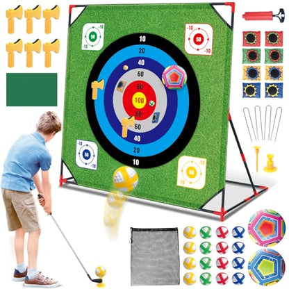 Mostop Golf Chipping Game with Stand - Golf Target Battle Game with Putting Mat, 12 Sticky Balls, 6 Axes, 2 Soccer Balls, 8 Bean Bags, Outdoor Golf Yard Game for Chipping Practice for Dads Golfers