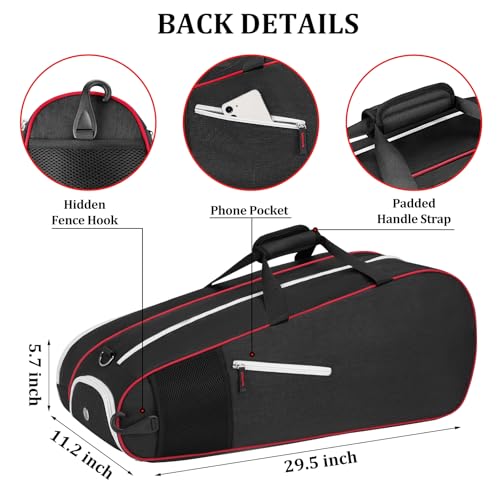 Ytonet Tennis Bag 6 Rackets, Large Tennis Racket Bag for Men Women with Insulated Pocket Shoe Compartment Water Resistant 3-Ways Carry Padded Badminton Cover for Pro/Team/Familiy Training, Black