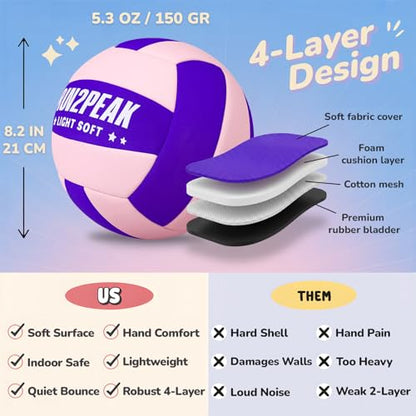 RUN2PEAK Super Soft Light Volleyball - Safe and Quiet Fabric Volleyball Ball for Indoor Play - Official Size 5 Kids Youth Beginners Lightweight Volleyballs Trainer for House Yard Training Practice