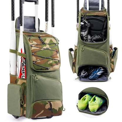 Large Rolling Baseball Catchers Gear Bag with Wheels, Softball Bag with Hard Backing for 4 Bats,Equipment Bag with Separate Shoe & Helmet Compartments, Youth Baseball Bag with 360° Spinner Wheels - color: Green Camo, size: Style A - Integrated Rolling Sys