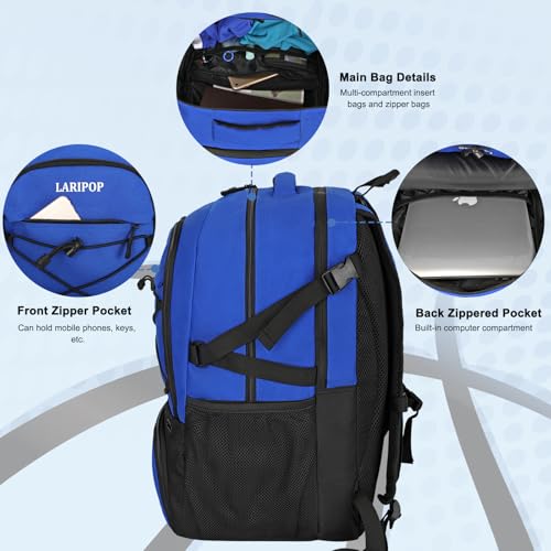 LARIPOP Basketball Backpack Large Basketball Bag with Ball Holder & Shoe Compartment for Youth Adults Men Women - color: Blue