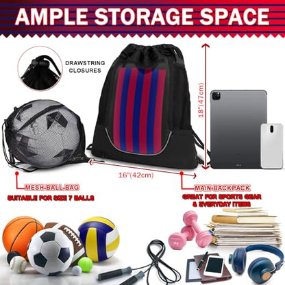 KAEGREEL Drawstring Soccer Bag Basketball Backpack for Kids Teens, Foldable Sports Bags Detachable Ball Mesh Bag for Gym Yoga Football Baseball - color: Black with Red & Blue Stripes