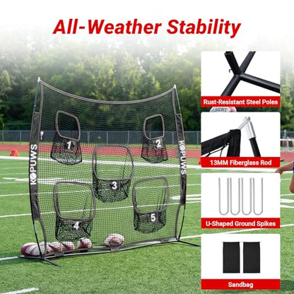 Football Throwing Net: 7x7FT Football Net for Throwing Multi-Sport Practice Net with 5-Target Heavy-Duty Impact-Resistant Throwing & Kicking for Football/Soccer/Baseball/Tennis/Golf with Carry Bag