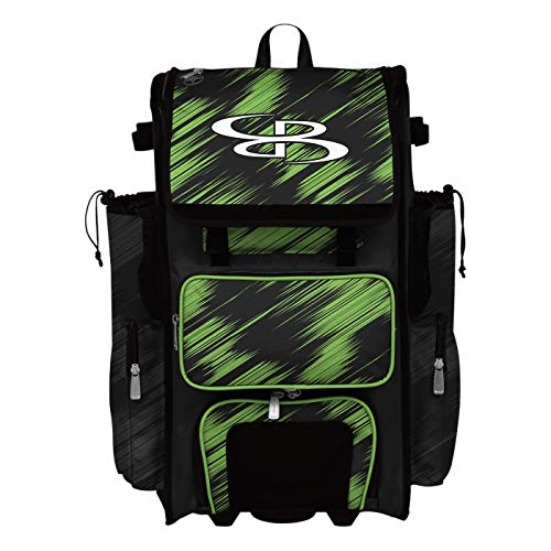 Boombah Rolling Superpack Scratch Baseball/Softball Gear Bag - 23-1/2" x 13-1/2" x 9-1/2" - Multiple Colors - Telescopic Handle and Holds 4 Bats - Wheeled Version - color: Black/Lime Green