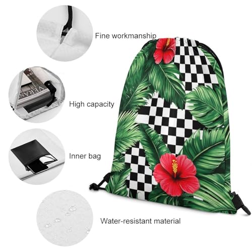 Water Resistant Drawstring Backpack Lightweight Sackpack for Yoga Gym Beach Travel, Men Women Unisex Sports Bag, Tropical Palm Leaves Hibiscus Bags - color: Picture (1013)