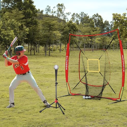 Storgem Baseball and Softball Practice Net 7×7ft Portable Hitting Pitching Batting Training Net Baseball Backstop Net with Batting Tee and Strike Zone and Bow Frame - color: Red