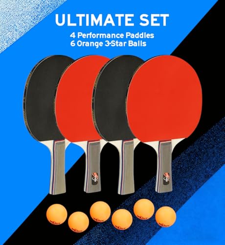 Family Premium Ping Pong Paddles Set of 4 - Advanced Table Tennis Rackets, 6 Training Ping Pong Balls, Competitive or Recreational Play - Indoor and Outdoor Compatible