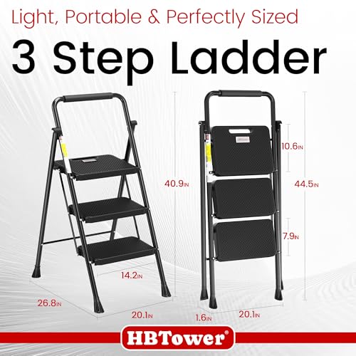 HBTower Step Ladder, Folding Step Stool with Wide Anti-Slip Pedal, Sturdy Steel Ladder, Convenient Handrail, Lightweight, Portable Steel Step Stool - color: Black, size: 3 Step Ladder