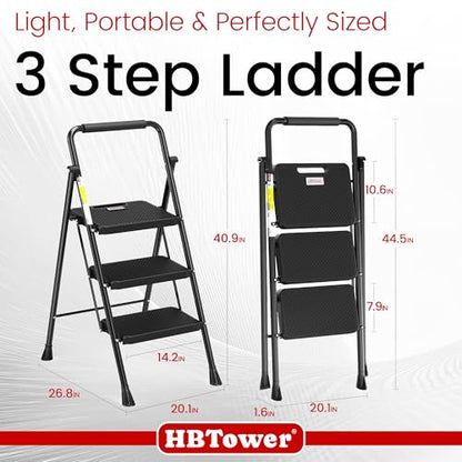 HBTower Step Ladder, Folding Step Stool with Wide Anti-Slip Pedal, Sturdy Steel Ladder, Convenient Handrail, Lightweight, Portable Steel Step Stool - color: Black, size: 3 Step Ladder