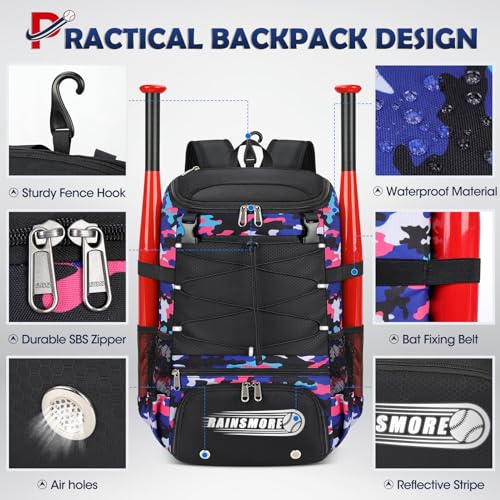 RAINSMORE Baseball Bag for Youth & Adult Lightweight Softball Bat Bag with Shoe Compartment, External Helmet Holder and Fence Hook Waterproof Baseball Backpack Hold T-Ball, Bat and Softball Equipment - color: Pink Camouflage