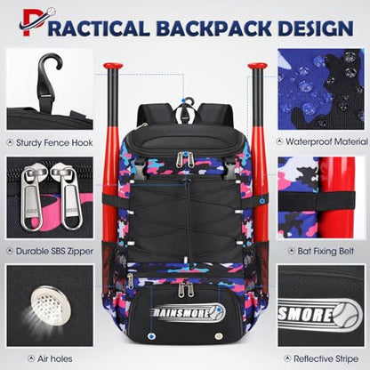RAINSMORE Baseball Bag for Youth & Adult Lightweight Softball Bat Bag with Shoe Compartment, External Helmet Holder and Fence Hook Waterproof Baseball Backpack Hold T-Ball, Bat and Softball Equipment - color: Pink Camouflage