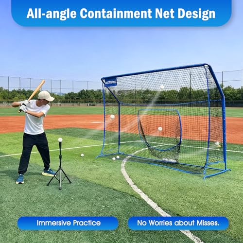 Baseball Softball Net with Blocking System, 7x7ft/6x6ft/10x7ft Practice Cage Net for Batting/Pitching/Fielding, Metal Frame with Elevated Base and Storage Bag for Backyard Indoor Training - size: 10x7FT