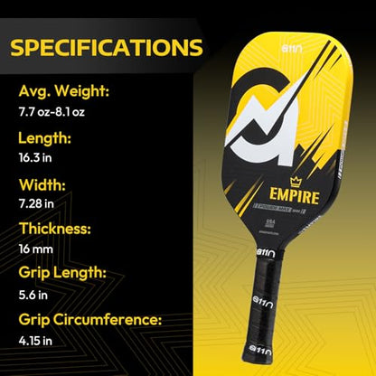 A11N SPORTS Empire Thermoformed Edgeless Pickleball Paddle | Carbon Fiber Face with SuperGrit Texture for Ultimate Spin | Longer Handle for Double-Handed Backhand - style: PowerMax丨Yellow