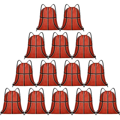 Grneric 14 Pcs Basketball Drawstring Bags Party Favor Goodie Bags Cinch Bag Sackpack for Sports Teams Birthday Supplies(Basketball)