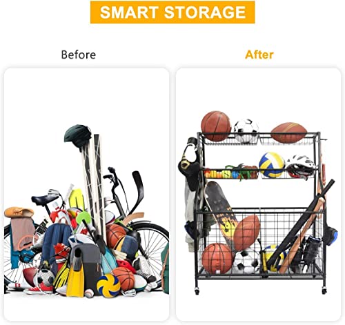 Heavy Duty Garage Sports Equipment Organizer, Ball Storage Rack, Sports Gear Basketball Storage with Baskets, Hooks, Steel Rolling Sports Cart, Outdoor/Indoor Schools, Gyms, Gymnasium, Black